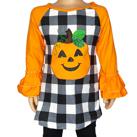 Girls Halloween Autumn Orange Pumpkin Jack O Lantern Top Ruffle Shirt