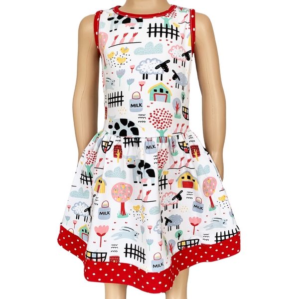 AnnLoren Little & Big Girls Farm Animal Sleeveless Cotton Swing Dress