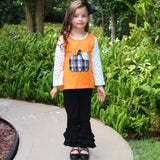 Girls Orange Pumpkin Top & Black Ruffle Pants Halloween Thanksgiving Ouitfit