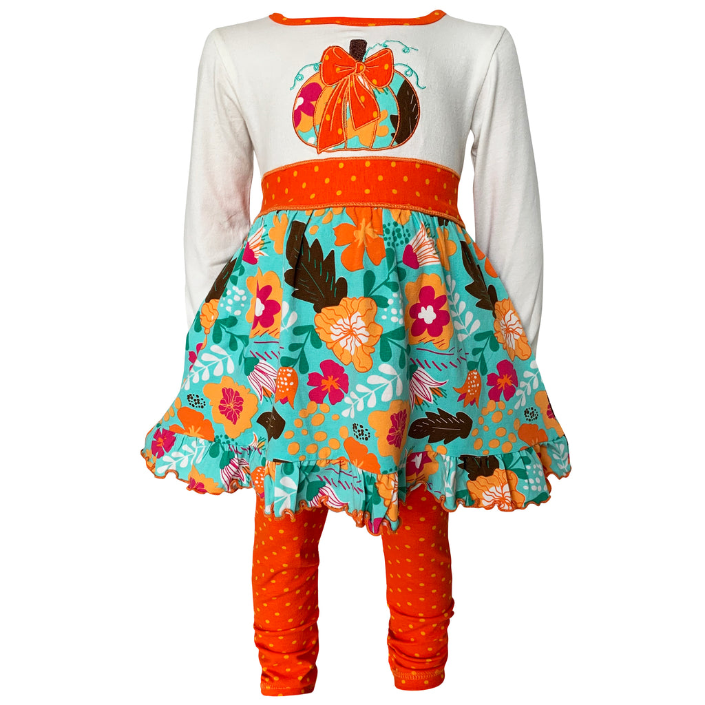 Girls Vibrant Autumn Floral Pumpkin Thanksgiving Dress & Leggings AnnLoren Girls Vibrant Autumn Floral Pumpkin Thanksgiving Dress & Leggings AnnLoren