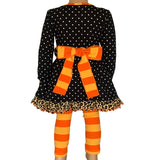 AnnLoren Girls' Halloween Orange Pumpkin Polka Dot Dress & Leggings Outfit