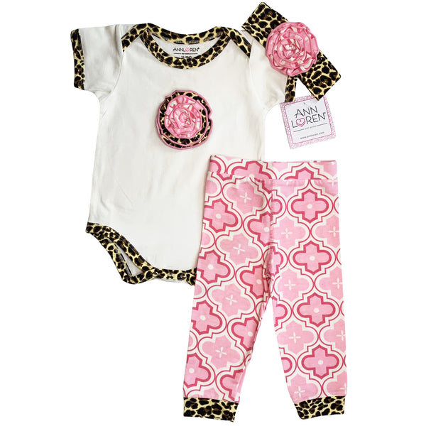 AnnLoren Baby Girls Layette Pink Leopard Onesie Pants Headband 3pc Gift Set Clothing