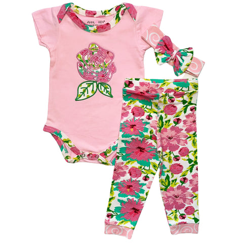 AnnLoren Baby Girls Layette Pink Floral Onesie Pants Headband 3pc Gift Set Clothing