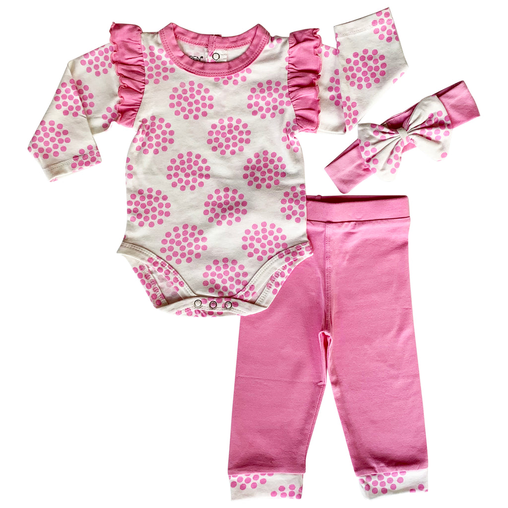 AnnLoren Baby Girls Layette Pink Polka Dot Onesie Pants Headband 3pc G