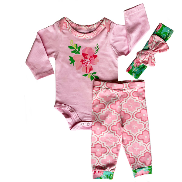 AnnLoren Baby Girls Layette Pink Arabesque Floral Onesie Pants Headband 3pc Gift Set Clothing Sizes 3M - 18M