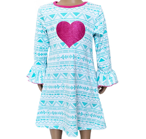 AL Limited Girls Boutique Blue & Pink Heart Soft Cotton Long Sleeve Dress