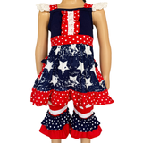 Big Girls 4th of July Patriotic Red White and Blue Dress & ruffle pants sz 8
