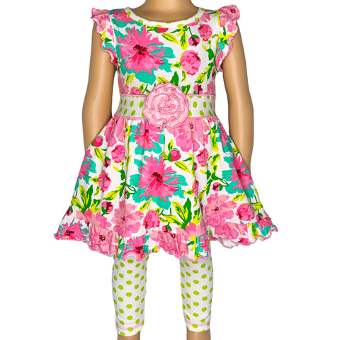 AnnLoren Little & Big Girls Spring Floral Dress Polka Dot Capri Leggings