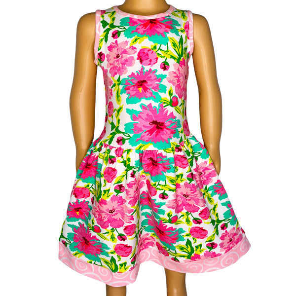 AnnLoren Little & Big Girls Spring Summer Floral Sleeveless Boutique Cotton Knit Dress