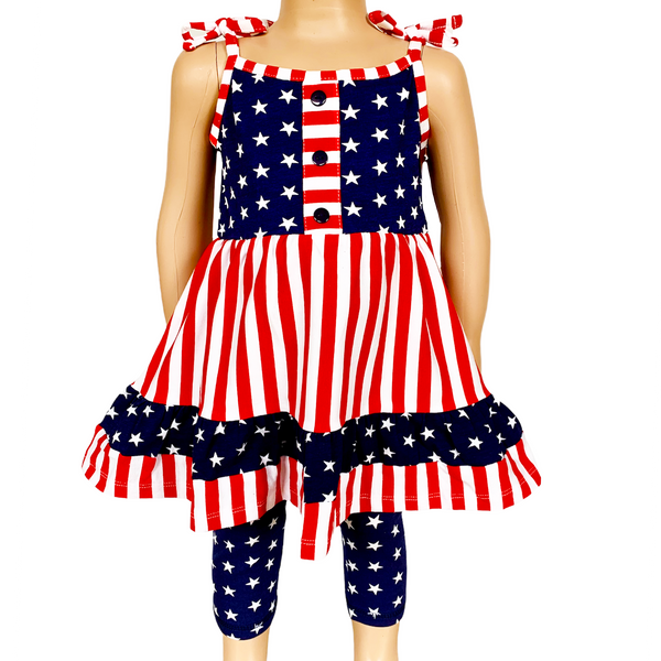 AnnLoren Girls 4th of July Stars & Striped Dress & Capri Leggings Outfit