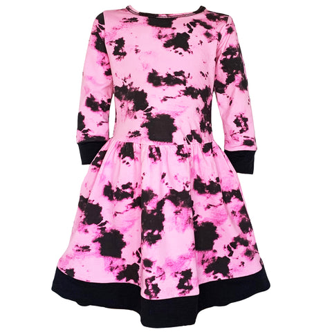 AnnLoren Girls Boutique Pink Black White Tie Dye Long Sleeve Cotton Dress