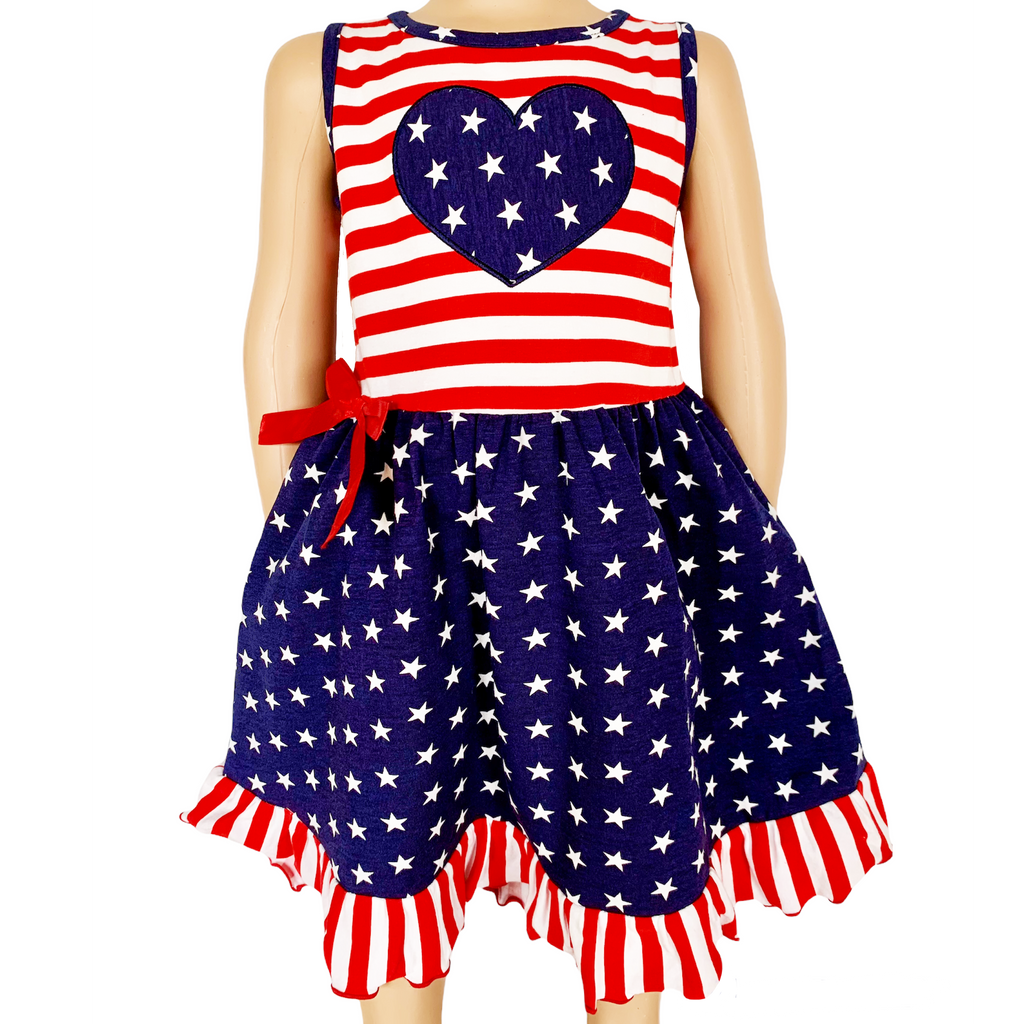 AnnLoren Girls 4th of July Stars & Striped Heart Dress Red White & Blu AnnLoren Girls 4th of July Stars & Striped Heart Dress Red White & Blu