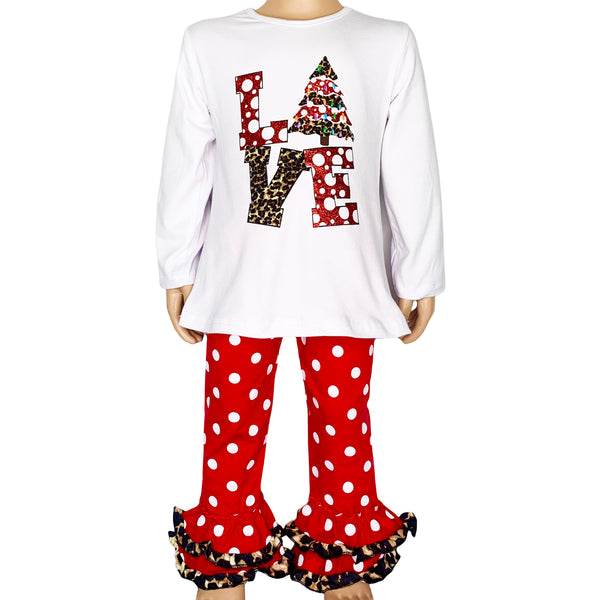 AL Limited Girls LOVE Christmas Top & Red Polka Dot Ruffle Pants Set